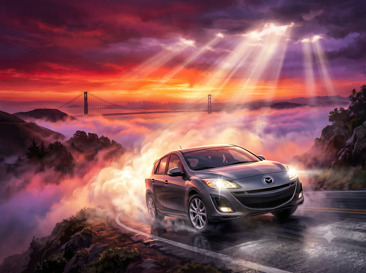 The Mazda3 depicted as a legendary steed emerging from glowing Bay Area fog, with the Golden Gate Bridge behind it