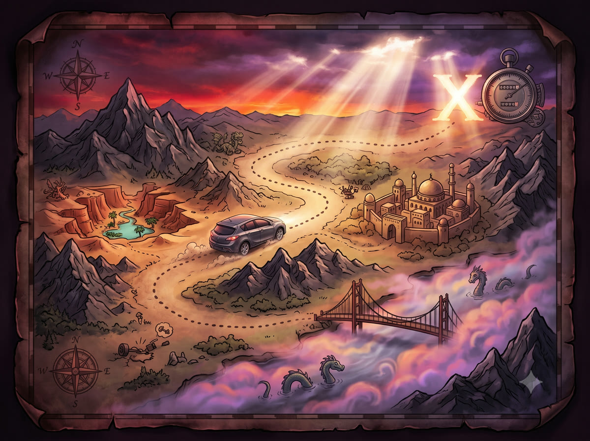 An aged fantasy quest map charting a 170,000-mile journey across mountains and deserts, with the Mazda3 traveling the route toward an X-marked odometer milestone