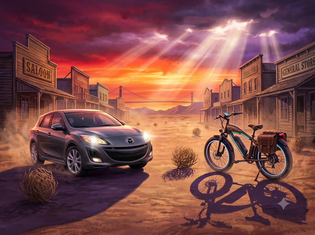 A Western high-noon showdown between the Mazda3 and a fancy e-bike, facing off like rival gunslingers on a dusty frontier street at sunset
